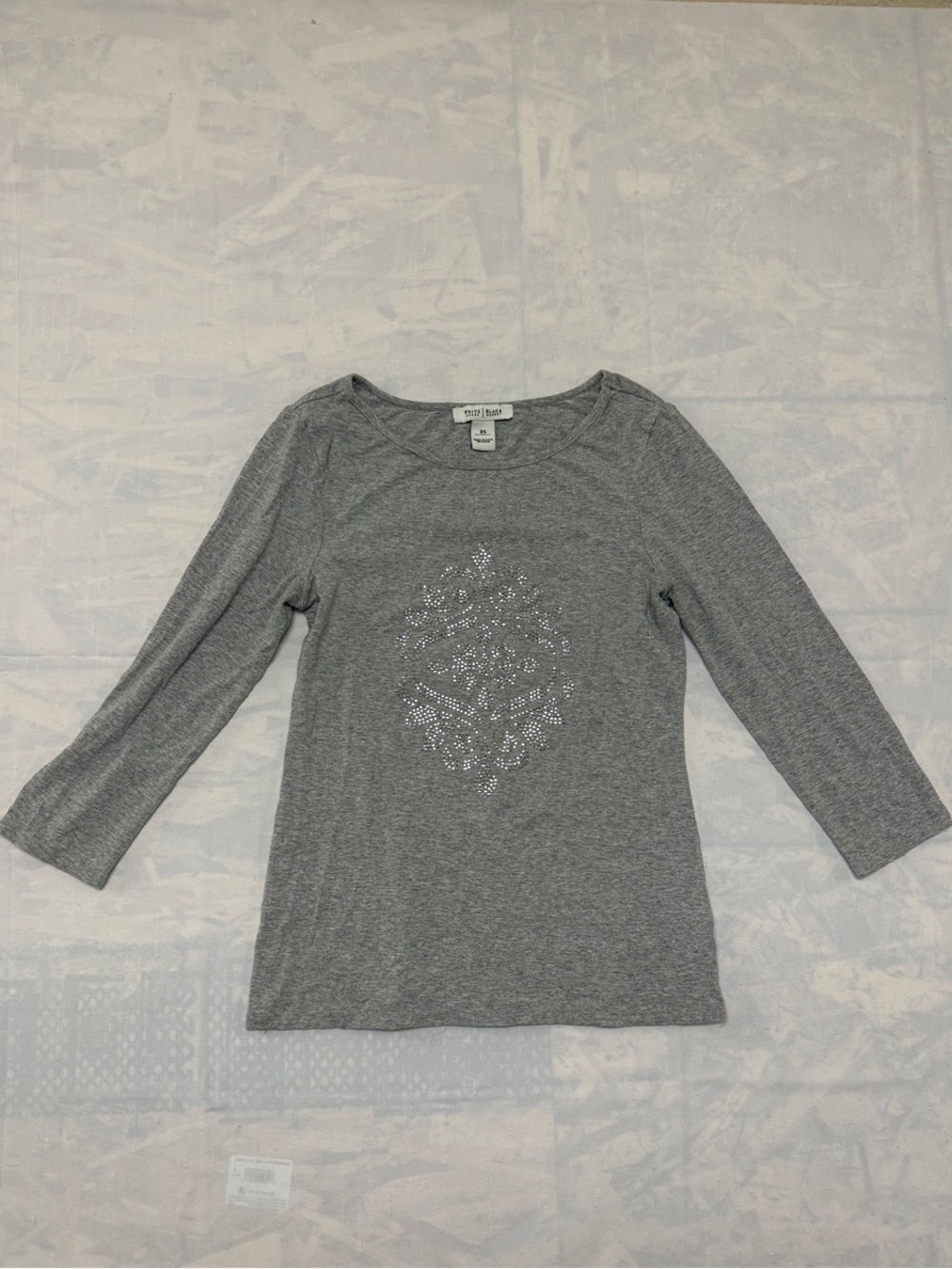 White House Black Market Gray Long-Sleeve Tee with Rhinestone Design USA Made